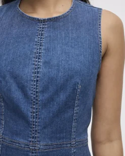 Sleeveless Fit-and-Flare Denim Midi Dress