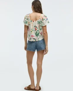 Square-Neck Blouse with Short Flutter Sleeves