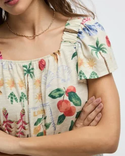 Square-Neck Blouse with Short Flutter Sleeves