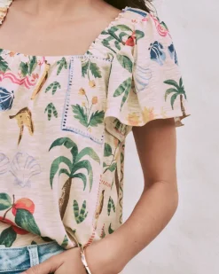 Square-Neck Blouse with Short Flutter Sleeves