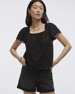 Square-Neck Blouse with Short Flutter Sleeves