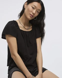 Square-Neck Blouse with Short Flutter Sleeves