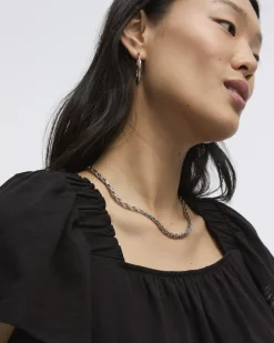 Square-Neck Blouse with Short Flutter Sleeves