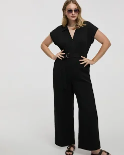 Straight-Leg Extended-Sleeve Belted Jumpsuit