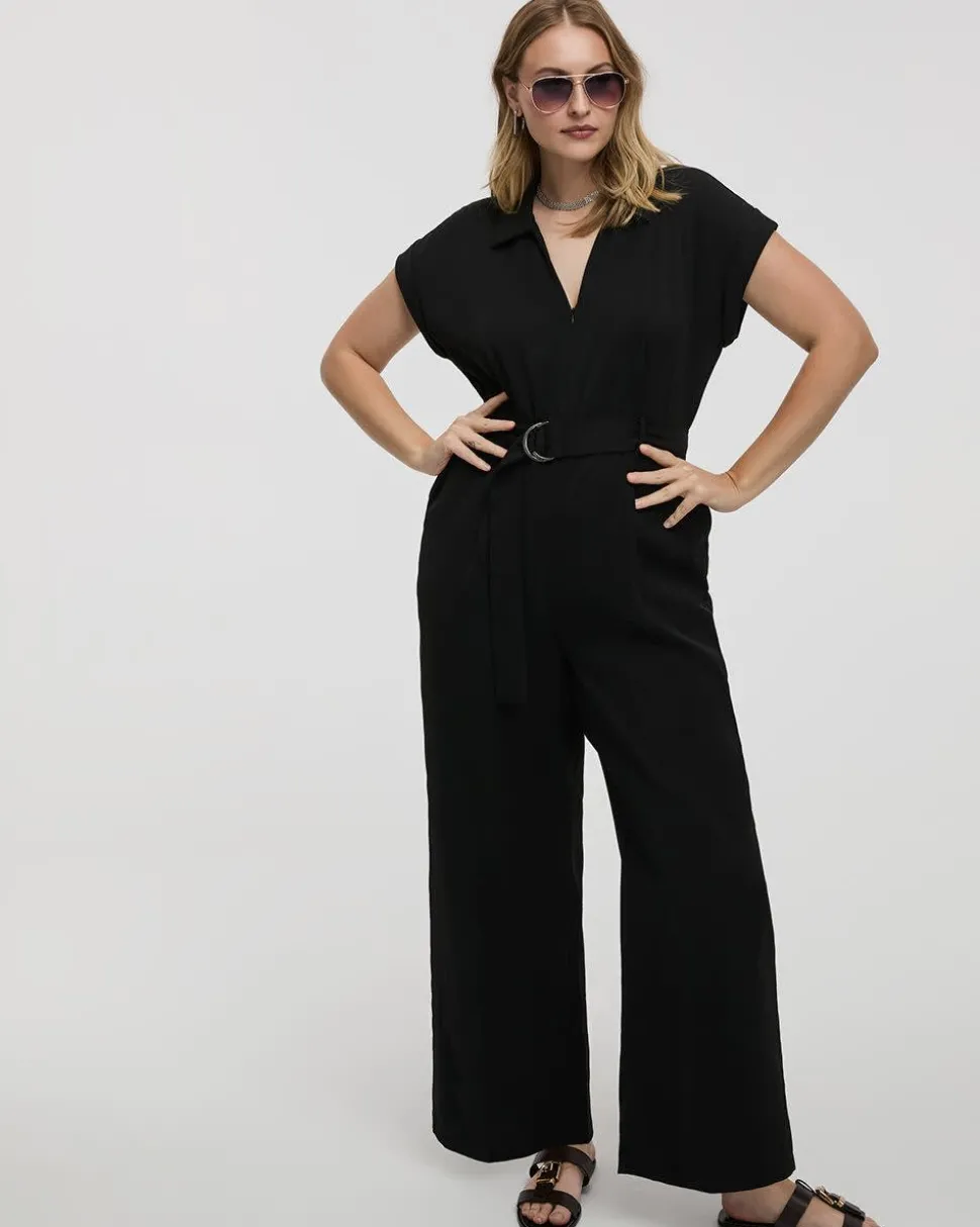 Straight-Leg Extended-Sleeve Belted Jumpsuit