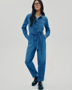 Straight-Leg Long-Sleeve Denim Jumpsuit