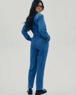 Straight-Leg Long-Sleeve Denim Jumpsuit