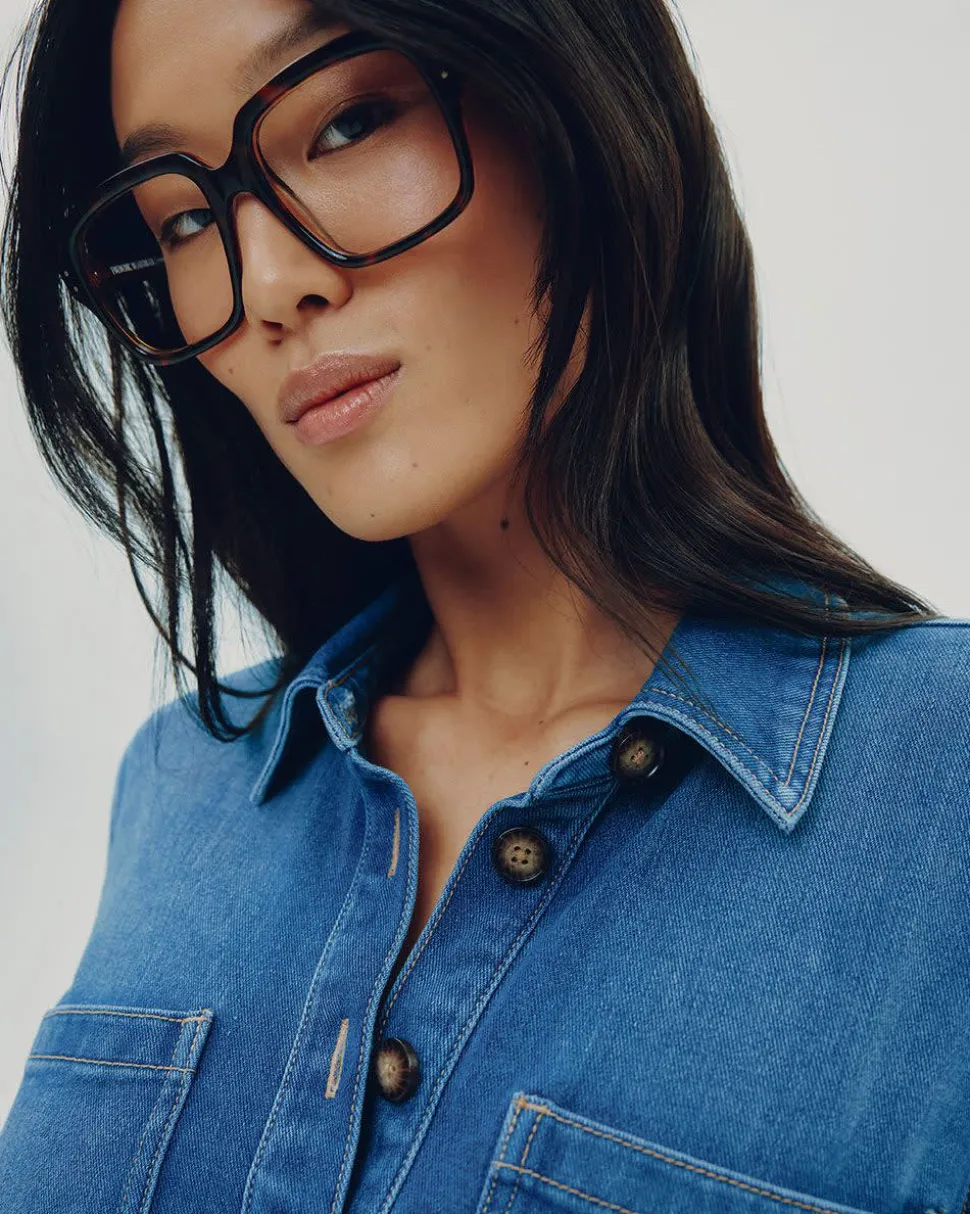 Straight-Leg Long-Sleeve Denim Jumpsuit