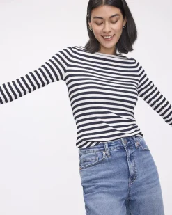 Striped Long-Sleeve Boat-Neck Ribbed Top