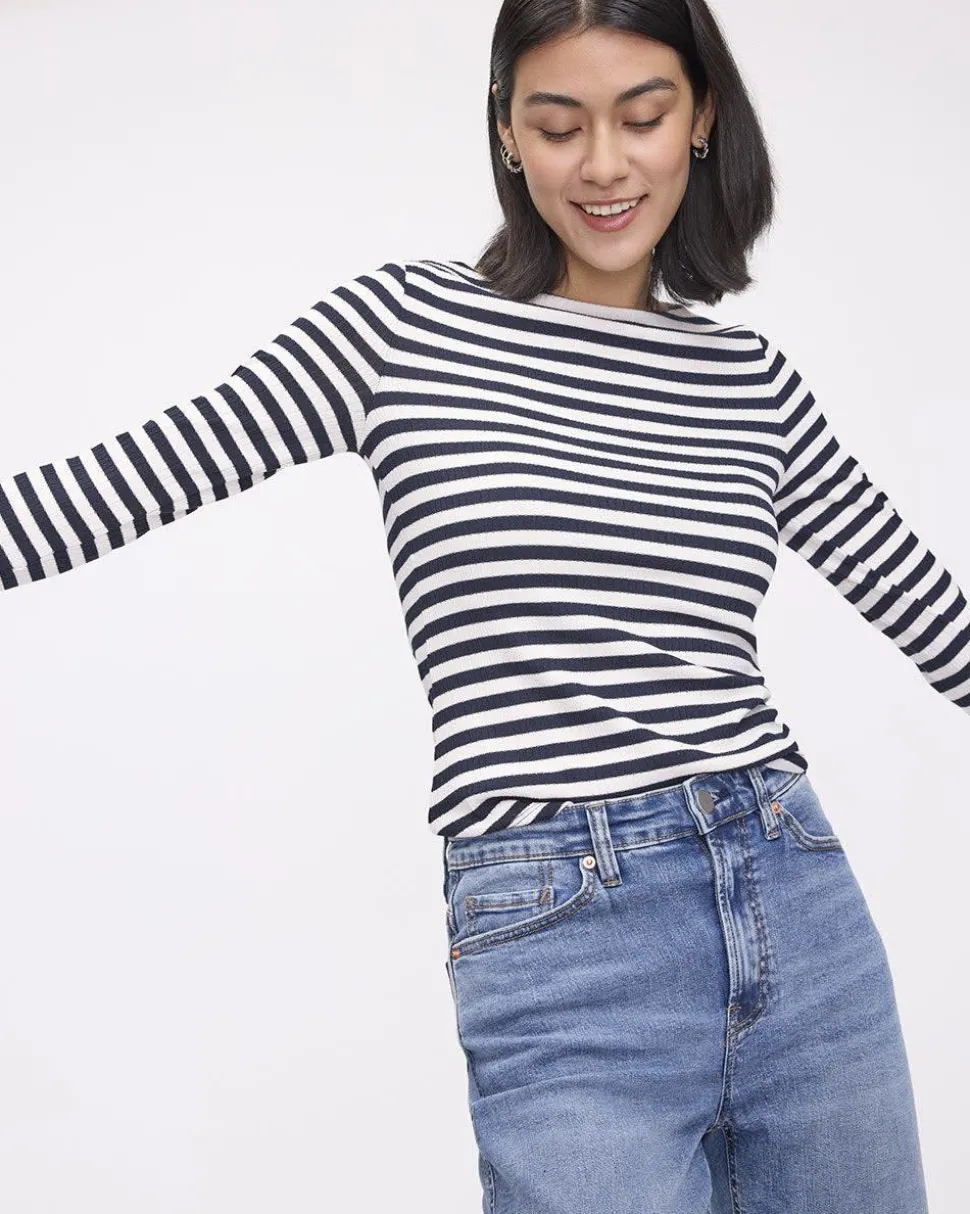 Striped Long-Sleeve Boat-Neck Ribbed Top
