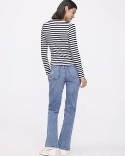 Striped Long-Sleeve Boat-Neck Ribbed Top
