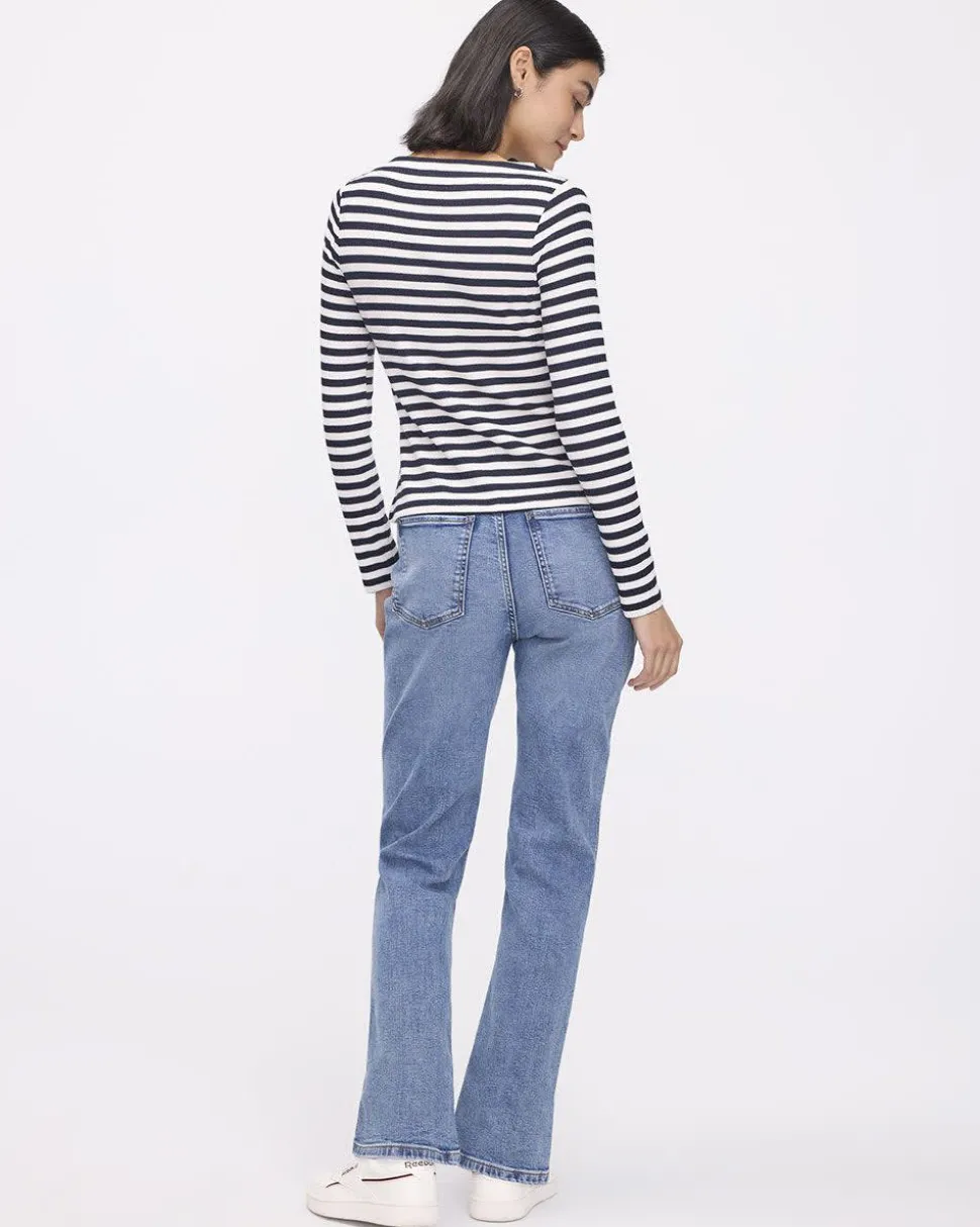 Striped Long-Sleeve Boat-Neck Ribbed Top
