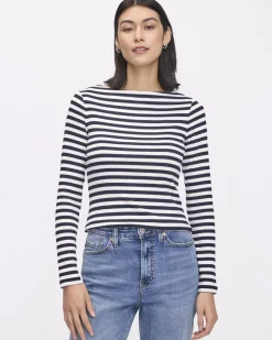 Striped Long-Sleeve Boat-Neck Ribbed Top