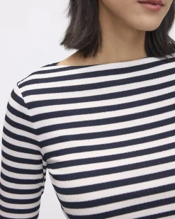 Striped Long-Sleeve Boat-Neck Ribbed Top