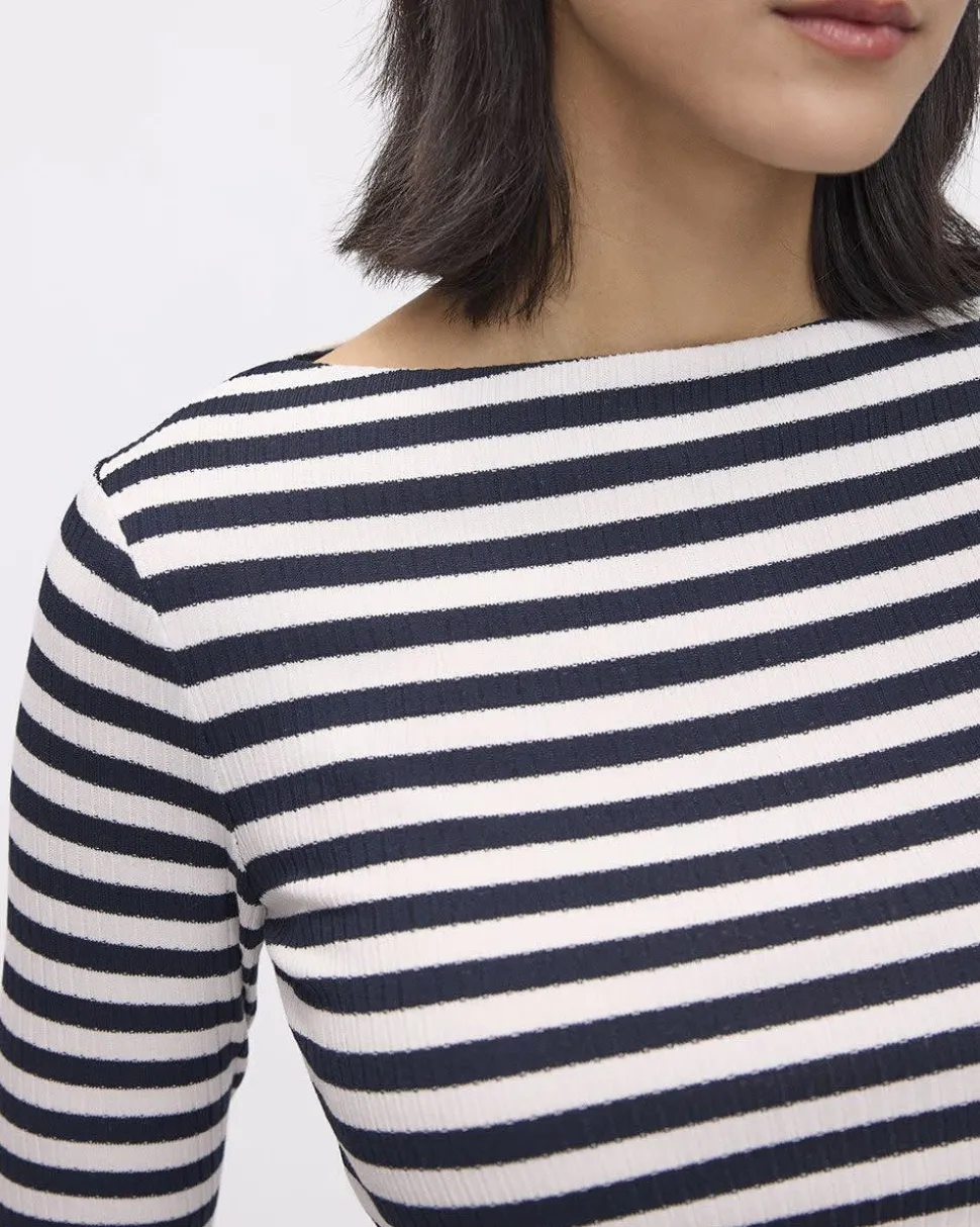 Striped Long-Sleeve Boat-Neck Ribbed Top