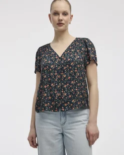 V-Neck Buttoned-Down Blouse with Short Flutter Sleeves