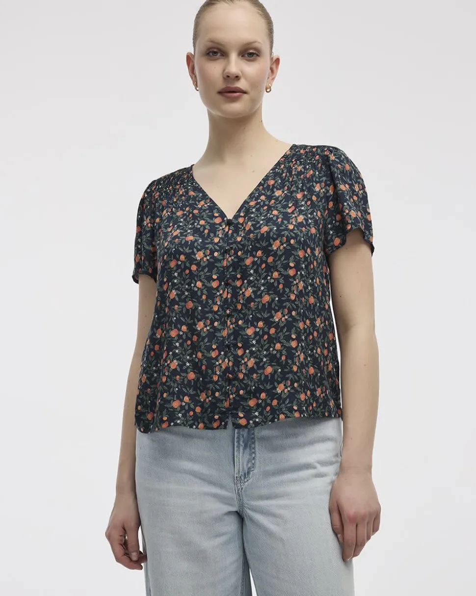 V-Neck Buttoned-Down Blouse with Short Flutter Sleeves