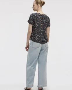V-Neck Buttoned-Down Blouse with Short Flutter Sleeves