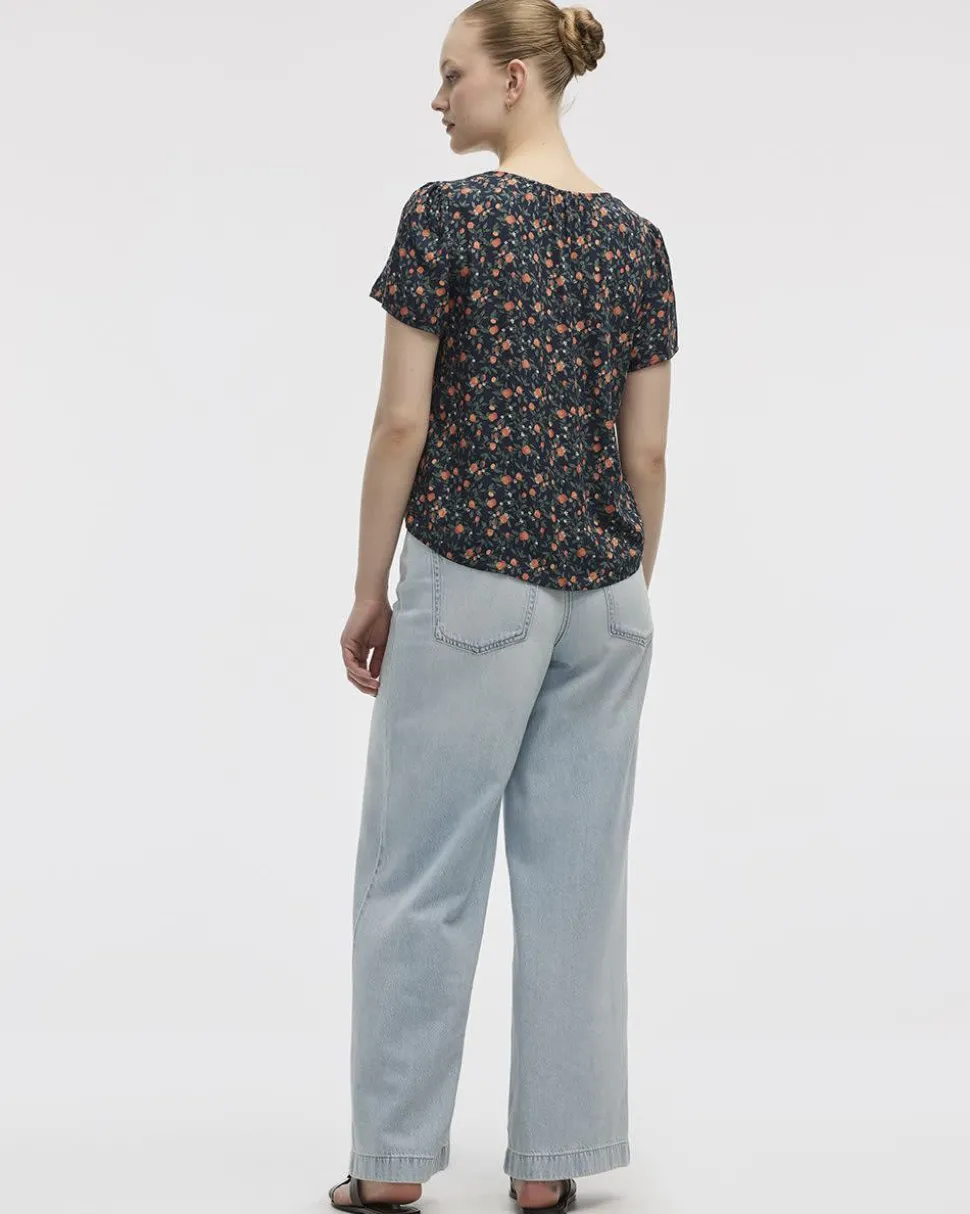 V-Neck Buttoned-Down Blouse with Short Flutter Sleeves