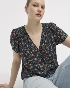 V-Neck Buttoned-Down Blouse with Short Flutter Sleeves