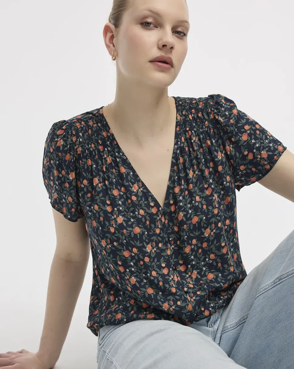 V-Neck Buttoned-Down Blouse with Short Flutter Sleeves