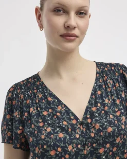 V-Neck Buttoned-Down Blouse with Short Flutter Sleeves