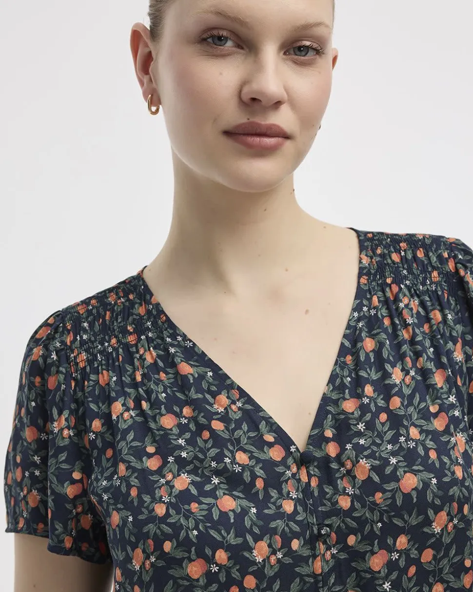 V-Neck Buttoned-Down Blouse with Short Flutter Sleeves