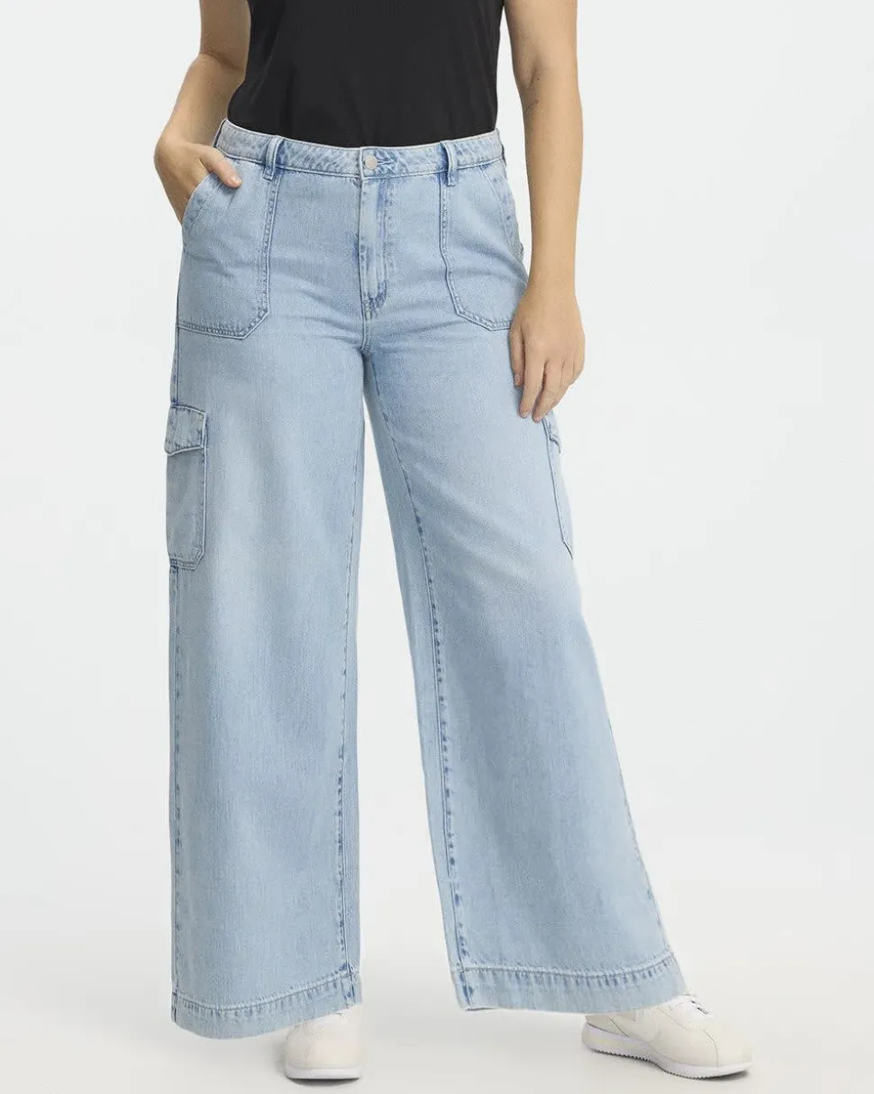 Wide-Leg High-Rise Cargo Denim Pant - Petite